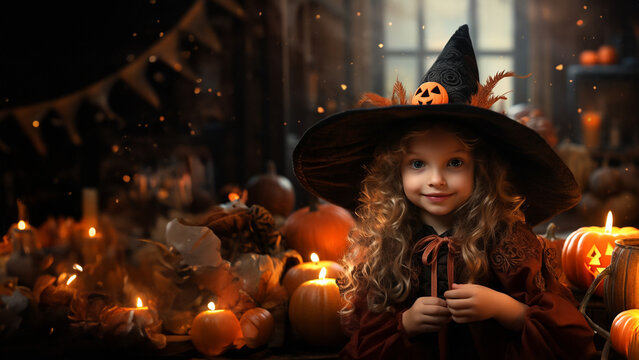 H&uuml;bsches M&auml;dchen mit Hexenhut und K&uuml;rbissen zu Halloween Feier, ai generativ