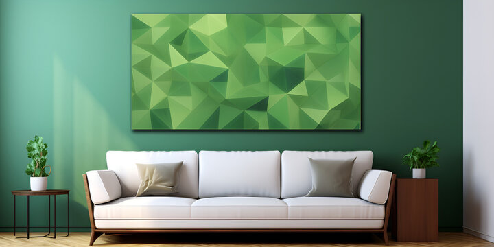 Green Living Room With White Sofa, Frameless Painting Mosaic Tile Geometrical Abstract Green Printing Canvas Wal Art Picture Decorative For Home Living Room Kitchen Dining Room Bedroom , Generative Ai