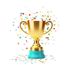 Cartoon trophy with confetti on white backround. 3D rendering.