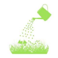 Watering can and plants isolated on white background. Lawn care or garden tool concept. Green garden watering can irrigation plants. Drops of water falling of watering pot on grass.Vector illustration © kajani