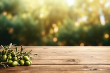 Old wooden table for product display with natural green olive field and green olives - obrazy, fototapety, plakaty