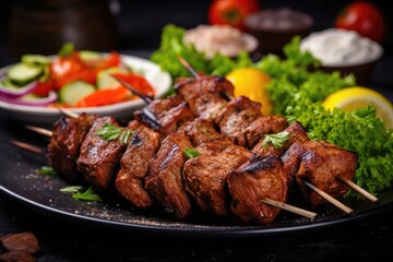 Traditional Kebab. Juicy pork skewers with vegetables on a plate.