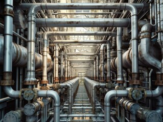 Close-up of a distillation column in a chemical plant showcasing the intricate system of pipes and valves