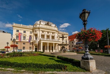 Bratislava, capital city of Slovakia. Neo-renaissance building of Slovak National Theater. Three...