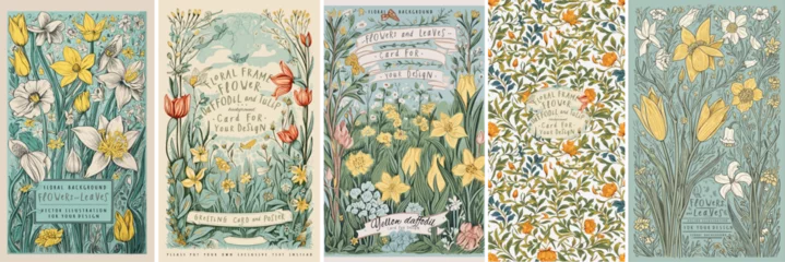 Foto op Aluminium Vintage floral greeting cards. Vector illustration of flowers, daffodil, narcissus, tulip, frame, wild flowers, plants and leaves on vintage paper for background, pattern or poster © Ardea-studio