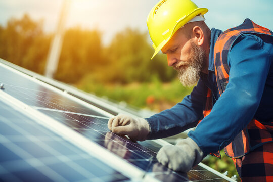Skilled Photovoltaic Technician Repairing Solar Panel for Clean Energy Generation