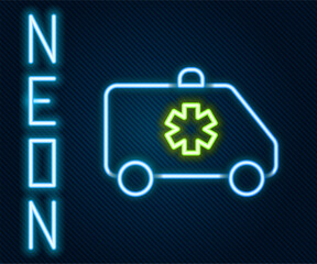 Glowing neon line Ambulance and emergency car icon isolated on black background. Ambulance vehicle medical evacuation. Colorful outline concept. Vector