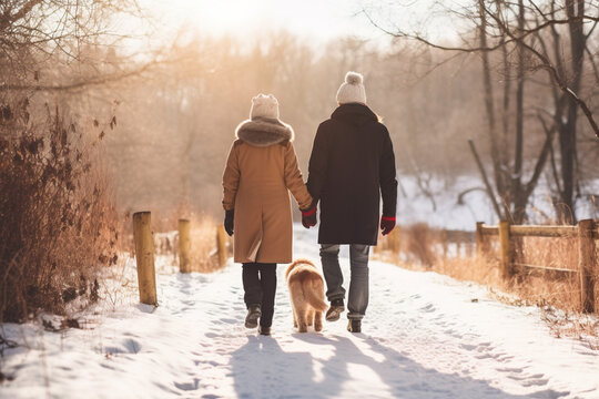Unrecognizable senior couple outdoors with dog in winter nature