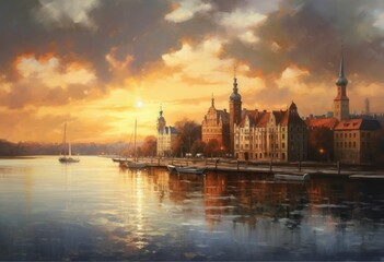 Obraz premium old town of Gdansk and Motlawa river at night