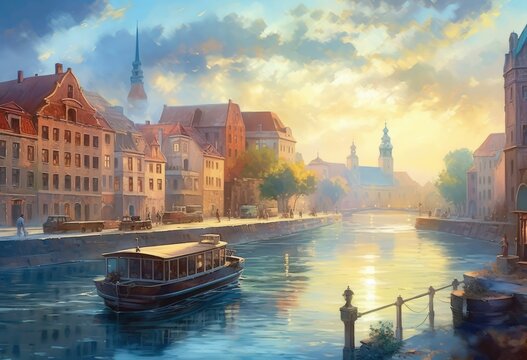 old town of Gdansk and Motlawa river at night