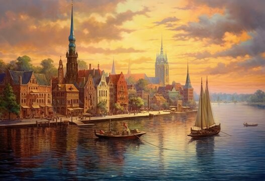 old town of Gdansk and Motlawa river at night