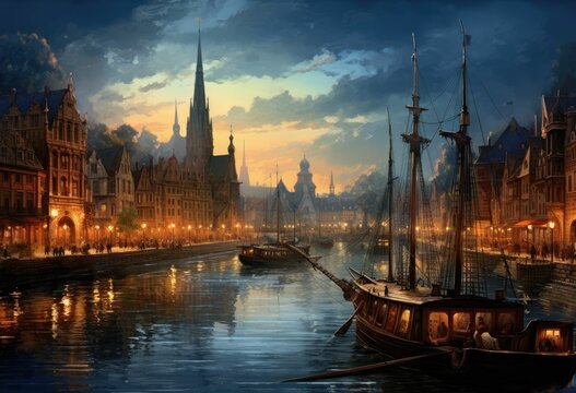 old town of Gdansk and Motlawa river at night