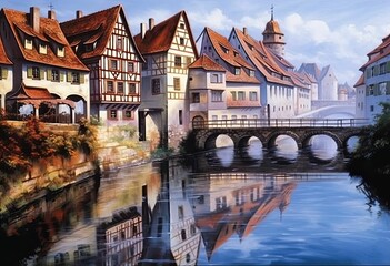 View of river and bridge of old european town - obrazy, fototapety, plakaty