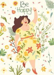 Joyful plump ladies, females in sundresses dancing, flowers around, enjoying life. Embodying no diet day, body love, self acceptance despite extra weight, female freedom, weight positivity. Vector.