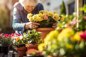 Unrecognizable senior woman gardening on balcony in summer, planting flowers - obrazy, fototapety, plakaty