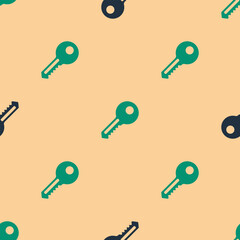 Green and black Key icon isolated seamless pattern on beige background. Vector Illustration