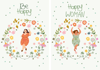Joyful plump ladies, females in sundresses dancing, flowers around, enjoying life. Embodying no diet day, body love, self acceptance despite extra weight, female freedom, weight positivity. Vector.