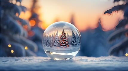 Christmas glass ball with tree in it on winter background Generative AI