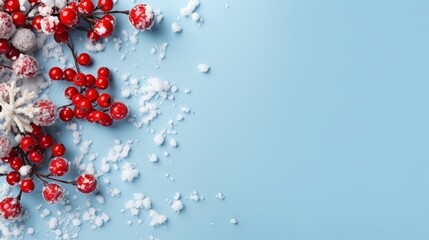 Christmas or winter composition. Snowflakes and red berries on blue background. Christmas, winter, new year concept. Flat lay, top view, copy space Generative AI