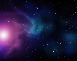 Outer space illustration. Astronomy background with interstellar dust and gas, stars and a bright cosmic source. 