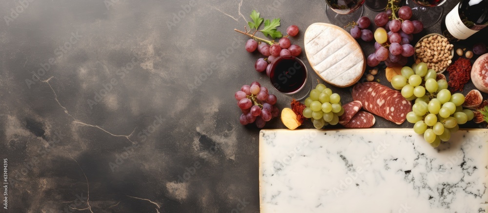 Poster red and white wine bottles, grape, cheese and sausages over stone table. top view with copy
