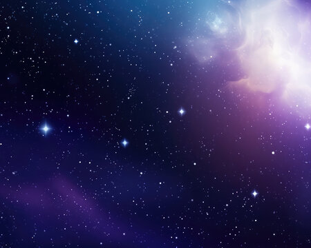 Space themed background. Astronomy illustration, outer space with stars and interstellar gas and a bright source. 