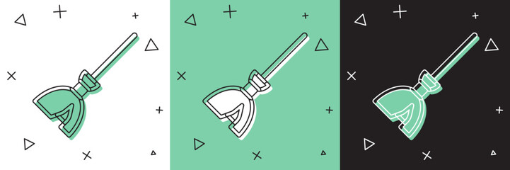 Set Witches broom icon isolated on white and green, black background. Happy Halloween party. Vector