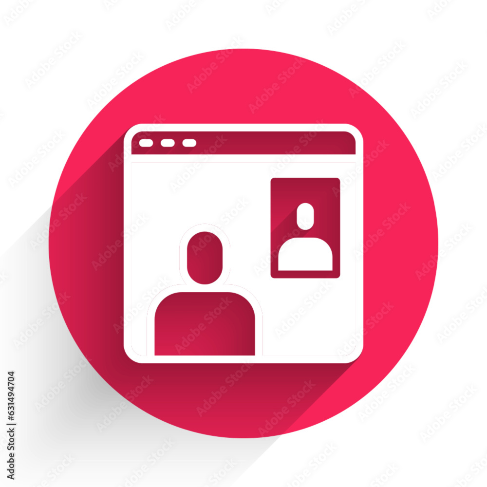 Poster white video chat conference icon isolated with long shadow. computer with video chat interface activ