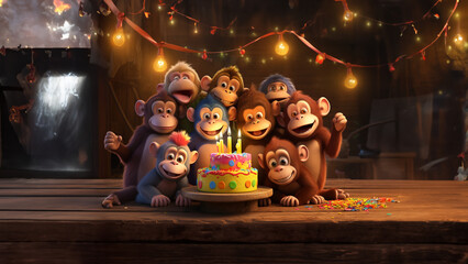 Cartoon lustige Affen zum Geburtstag wünschen viel Glück als Grußkarte Druckvorlage, ai generativ