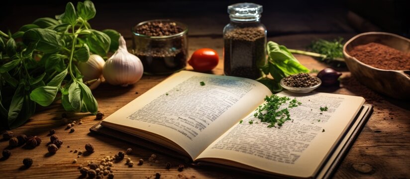 Print Recipe Book with Fresh Herbs and Spices on Wooden Background.