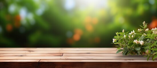 Blank wooden table with blurry outdoor garden background for text marketing promotion.