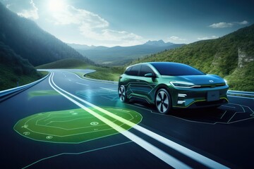 Naklejka premium electric car driving on a smart road