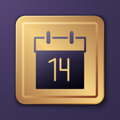 Purple Calendar icon isolated on purple background. Event reminder symbol. Gold square button. Vector