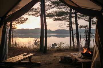 Camping en el lado con un fuego al fondo, cottagecore tienda de campaña, vivac de supervivencia en la naturaleza - obrazy, fototapety, plakaty