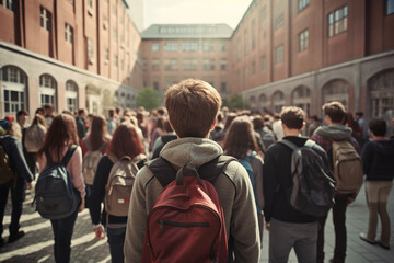 Unrecognizable teenage students in high school campus, rear view