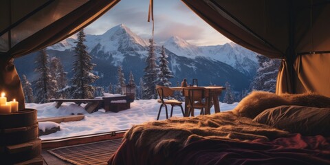 Glamping en la nieve, interior cabaña de madera en la montaña, tienda de campaña en la nieve de estilo cottagecore