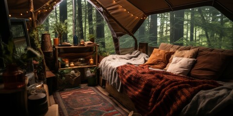 Interior cabaña cottagecore, decoración tienda de campaña con plantas en mitad del bosque, cabaña acogedora con un sofá y alfombra en la montaña, camping en la naturaleza
