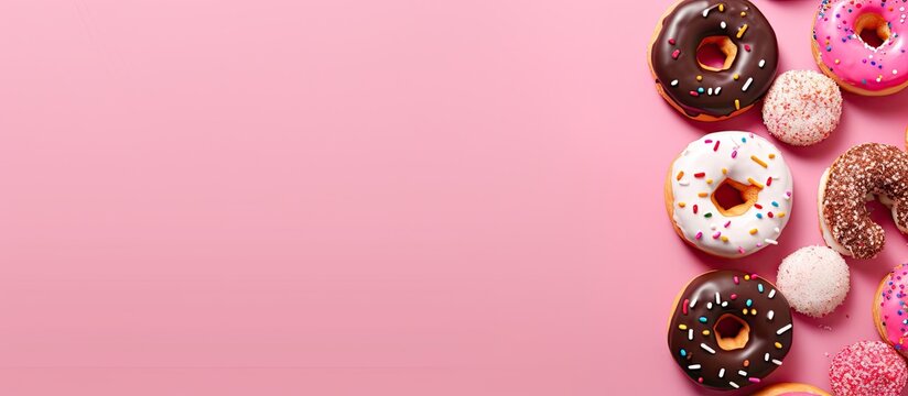 donuts with sprinkles on a pink background, representing a concept of sugar, calories, and homemade