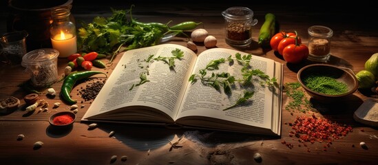 Obraz na płótnie Canvas Print Recipe Book with Fresh Herbs and Spices on Wooden Background.