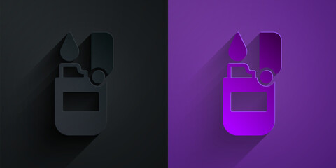 Paper cut Lighter icon isolated on black on purple background. Paper art style. Vector