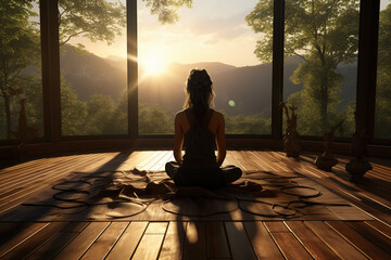 Back of Asian girl yoga backwoods wooden floor. AI generative