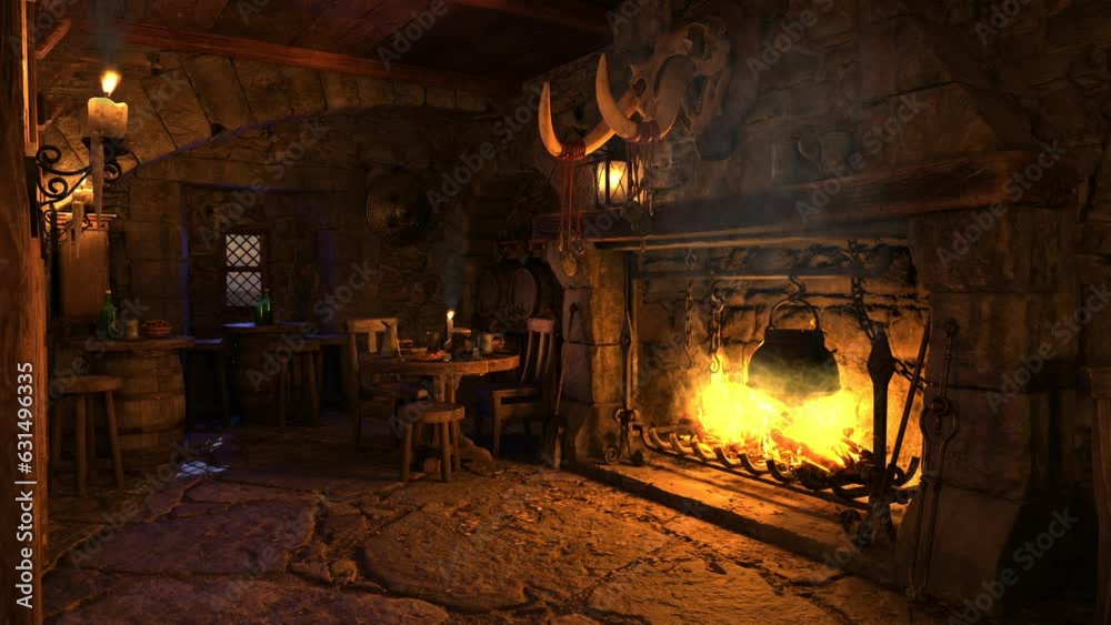 Poster open fireplace in a medieval tavern with cooking pot on the fire. 3d animation.