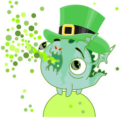 Cute dragon in a leprechaun hat. Color. Vector.
