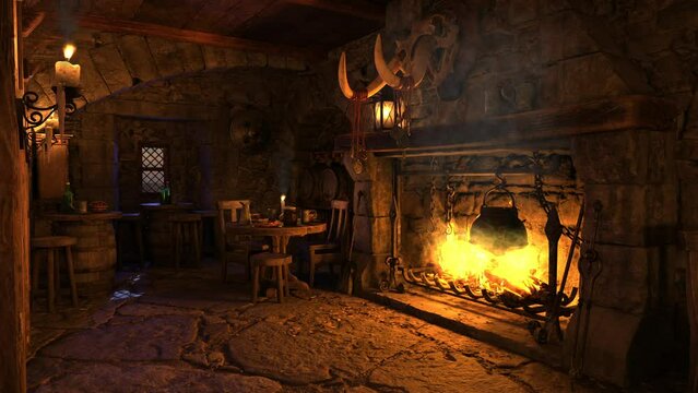 Open fireplace in a medieval tavern with cooking pot on the fire. 3D animation.