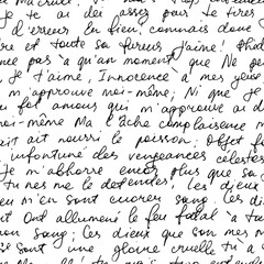 Naklejka premium Seamless abstract french text pattern. Vector wallpaper with old pen writing. Illegible ink-written poetry. Ornament with handwritten simple calligraphy. Unreadable french letter, cursive text.