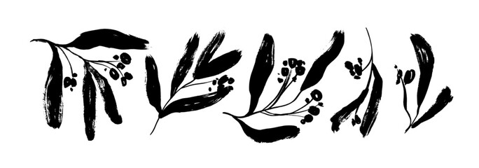 Abstract branch with berries silhouettes collection. Hand drawn plants in sketch style with grunge dry brush texture. Twig and foliage silhouettes. Vintage nature illustration isolated on white. © Anastasiia Hevko