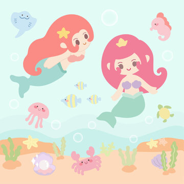 Cute set Little mermaid and underwater world.Set of cute mermaids and sea nature.