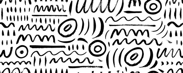 Various doodle lines seamless pattern. Childish style creative art background. Squiggles, circles, dots and daubs. Simple childish scribble wallpaper texture. Expressive abstract vector background.