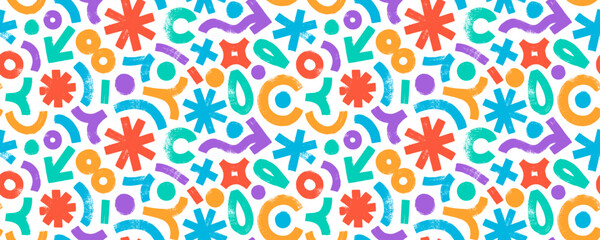 Multi colored abstract geometric doodle shapes seamless pattern. Banner background with bold brush drawn strokes, wavy lines, circles and dots, arrows, asterisks. Various doodle grunge shapes.