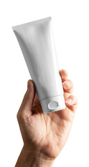 Men hand holding cosmetic product mockup, cream tube isolated on white background